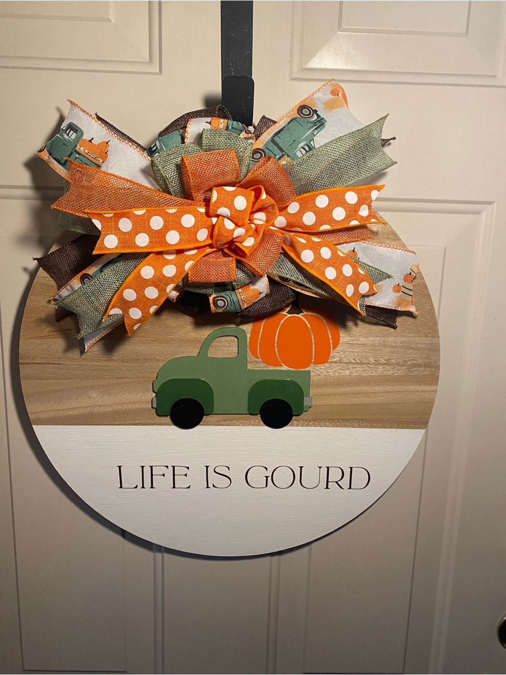 Handmade Fall Truck Door Hanger with Orange Polka Dot Bow